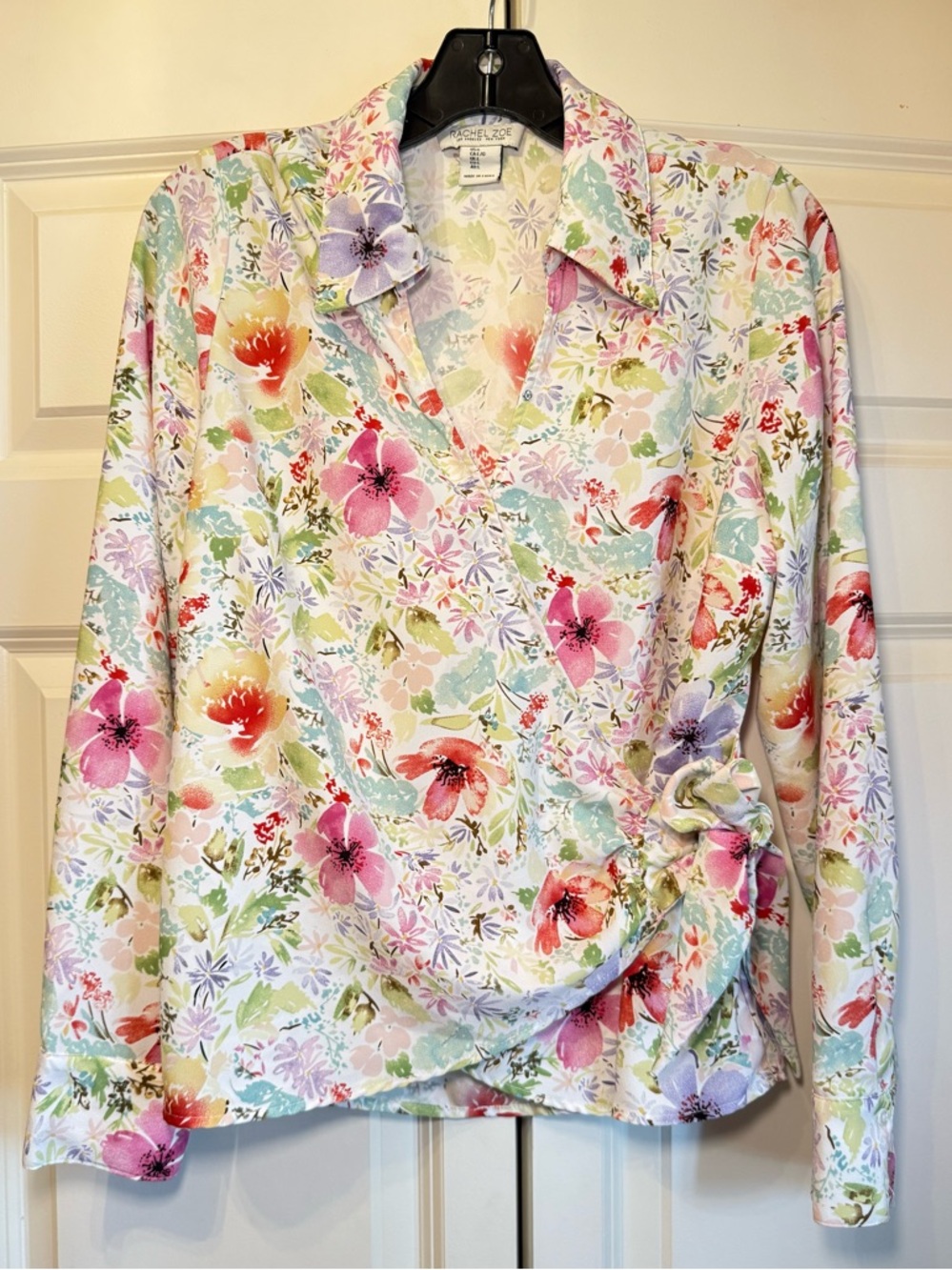 Rachel Zoe Floral Wrap Blouse in Pink, Lavender & Green Hues - Side Tie Detail